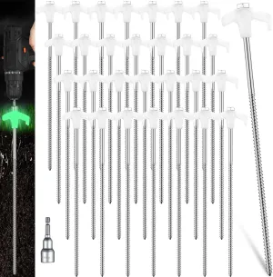 Hicarer 20 Pcs 12 Inch Tent Stakes Screw in Camping Stakes Heavy Duty Metal Spikes Ground Anchor Peg Threaded Tent Spikes with Hex Head Driver for Camping Garden Inflatable (Luminous White)