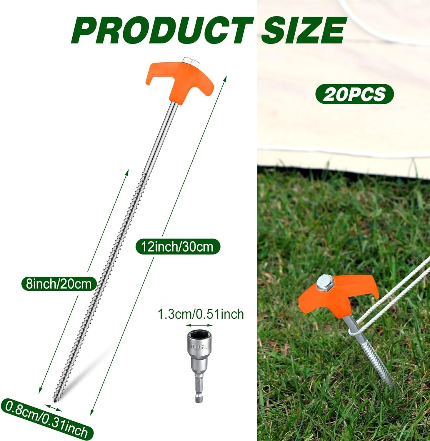 Hicarer 20 Pcs 12 Inch Tent Stakes Screw in Camping Stakes Heavy Duty Metal Spikes Ground Anchor Peg Threaded Tent Spikes with Hex Head Driver for Camping Garden Inflatable (Orange)