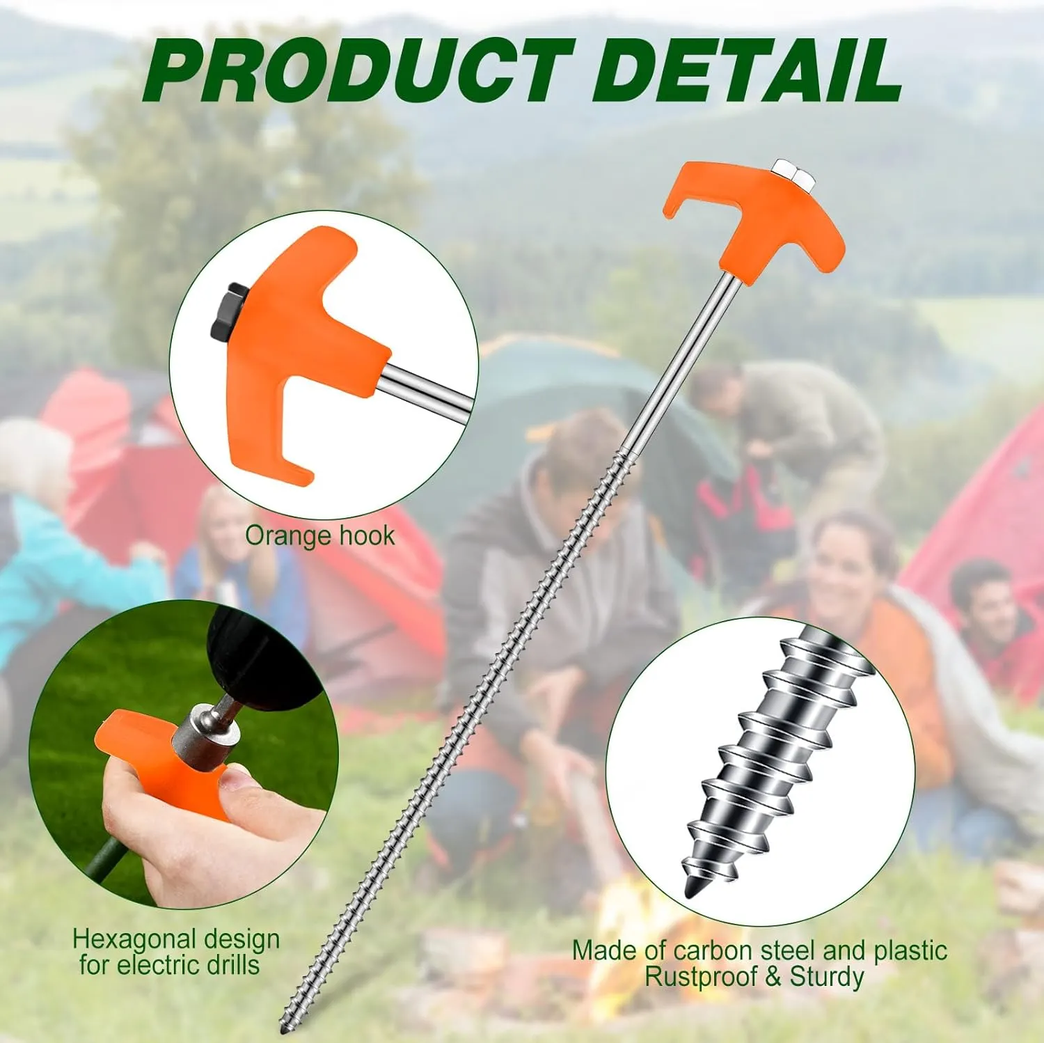 Hicarer 20 Pcs 12 Inch Tent Stakes Screw in Camping Stakes Heavy Duty Metal Spikes Ground Anchor Peg Threaded Tent Spikes with Hex Head Driver for Camping Garden Inflatable (Orange)