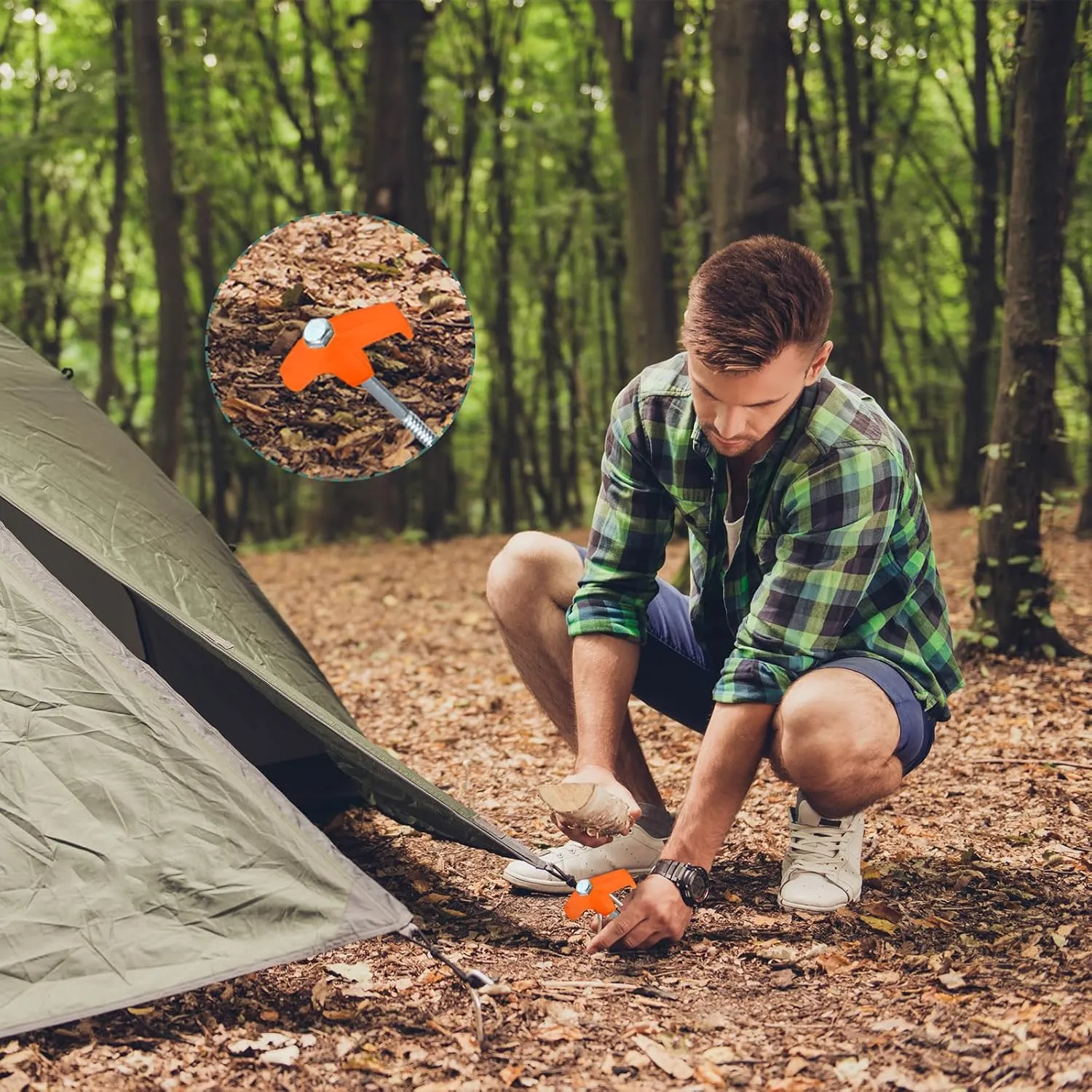 Hicarer 20 Pcs 12 Inch Tent Stakes Screw in Camping Stakes Heavy Duty Metal Spikes Ground Anchor Peg Threaded Tent Spikes with Hex Head Driver for Camping Garden Inflatable (Orange)