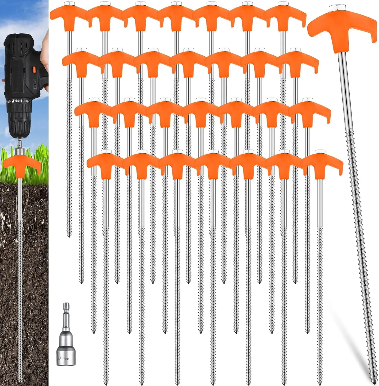 Hicarer 20 Pcs 12 Inch Tent Stakes Screw in Camping Stakes Heavy Duty Metal Spikes Ground Anchor Peg Threaded Tent Spikes with Hex Head Driver for Camping Garden Inflatable (Orange)