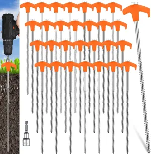 Hicarer 20 Pcs 12 Inch Tent Stakes Screw in Camping Stakes Heavy Duty Metal Spikes Ground Anchor Peg Threaded Tent Spikes with Hex Head Driver for Camping Garden Inflatable (Orange)