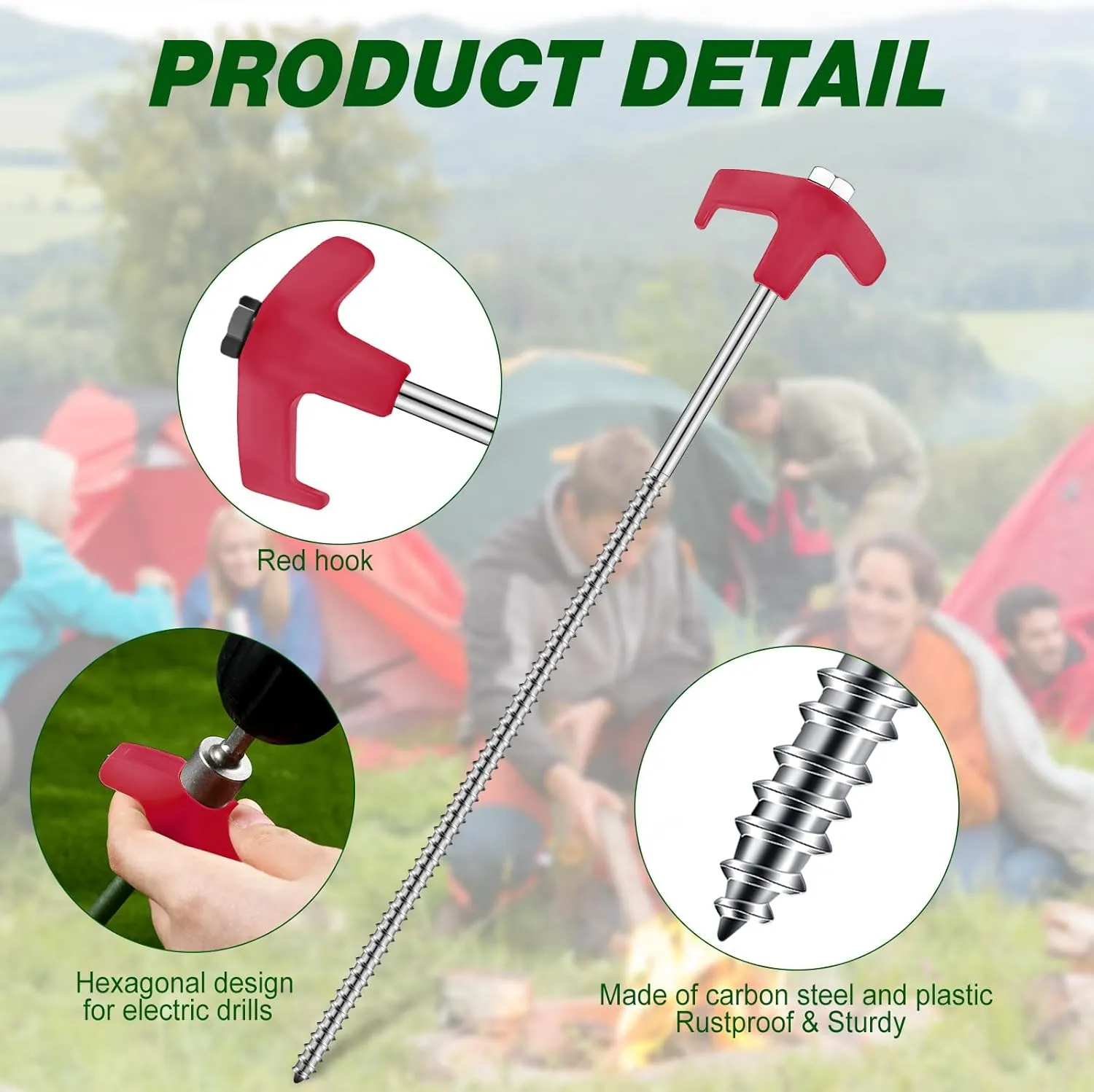 Hicarer 20 Pcs 12 Inch Tent Stakes Screw in Camping Stakes Heavy Duty Metal Spikes Ground Anchor Peg Threaded Tent Spikes with Hex Head Driver for Camping Garden Inflatable (Red)