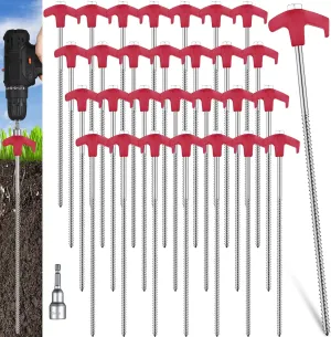 Hicarer 20 Pcs 12 Inch Tent Stakes Screw in Camping Stakes Heavy Duty Metal Spikes Ground Anchor Peg Threaded Tent Spikes with Hex Head Driver for Camping Garden Inflatable (Red)