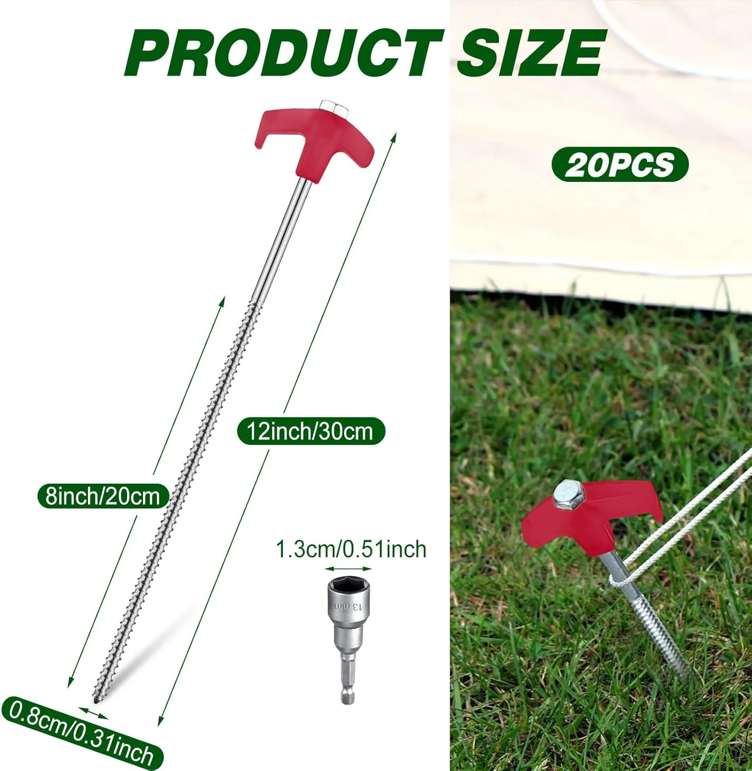 Hicarer 20 Pcs 12 Inch Tent Stakes Screw in Camping Stakes Heavy Duty Metal Spikes Ground Anchor Peg Threaded Tent Spikes with Hex Head Driver for Camping Garden Inflatable (Red)