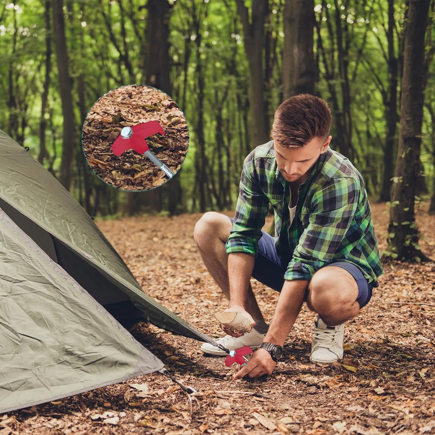 Hicarer 20 Pcs 12 Inch Tent Stakes Screw in Camping Stakes Heavy Duty Metal Spikes Ground Anchor Peg Threaded Tent Spikes with Hex Head Driver for Camping Garden Inflatable (Red)
