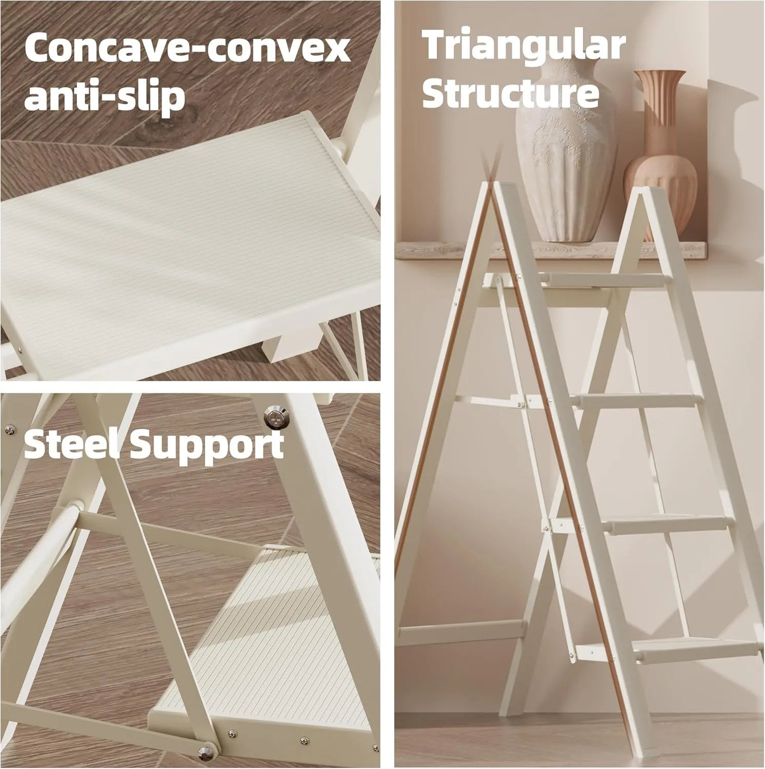 HillhutApex 4 Step Ladder, Lightweight Foldable 4 Step Stool with Anti-Slip Wide Pedal, 330lbs Capacity Aluminum Ladder for Household,Office,Garage(White)