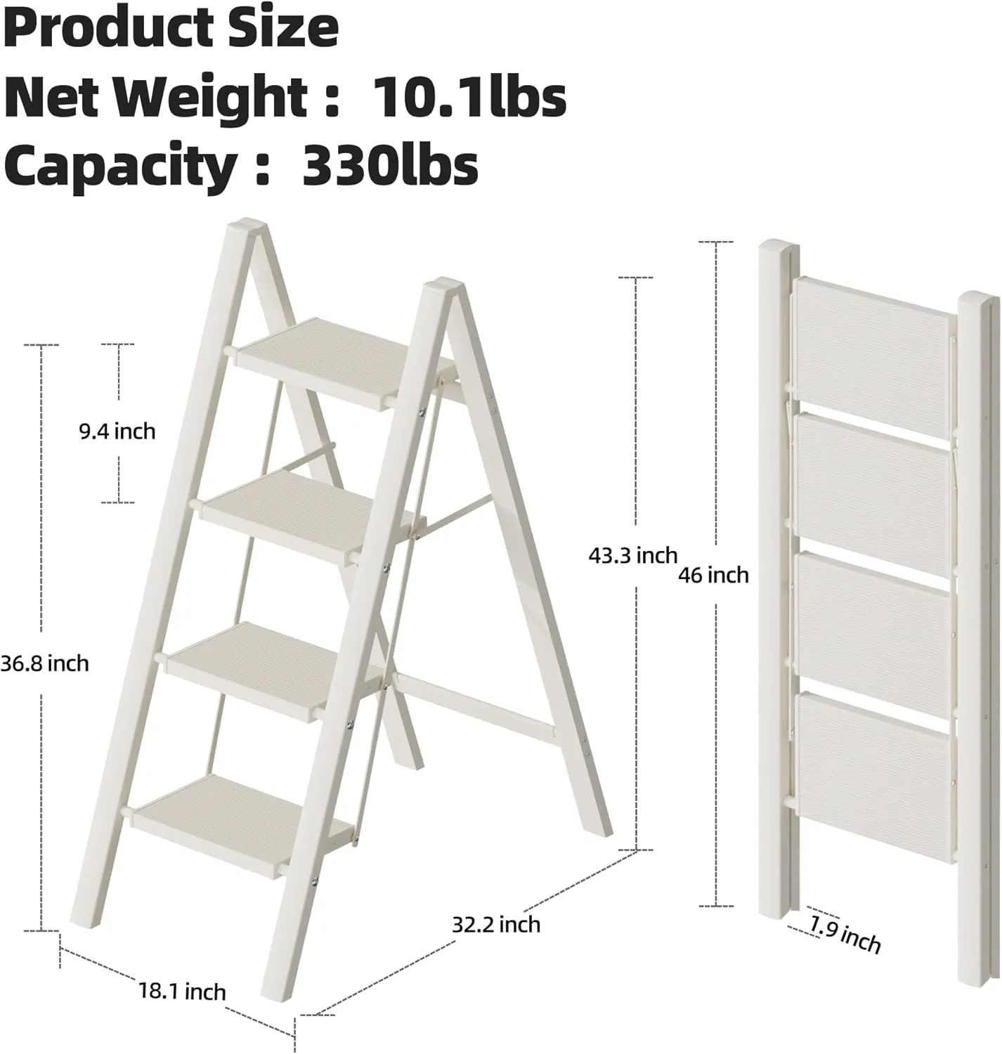 HillhutApex 4 Step Ladder, Lightweight Foldable 4 Step Stool with Anti-Slip Wide Pedal, 330lbs Capacity Aluminum Ladder for Household,Office,Garage(White)