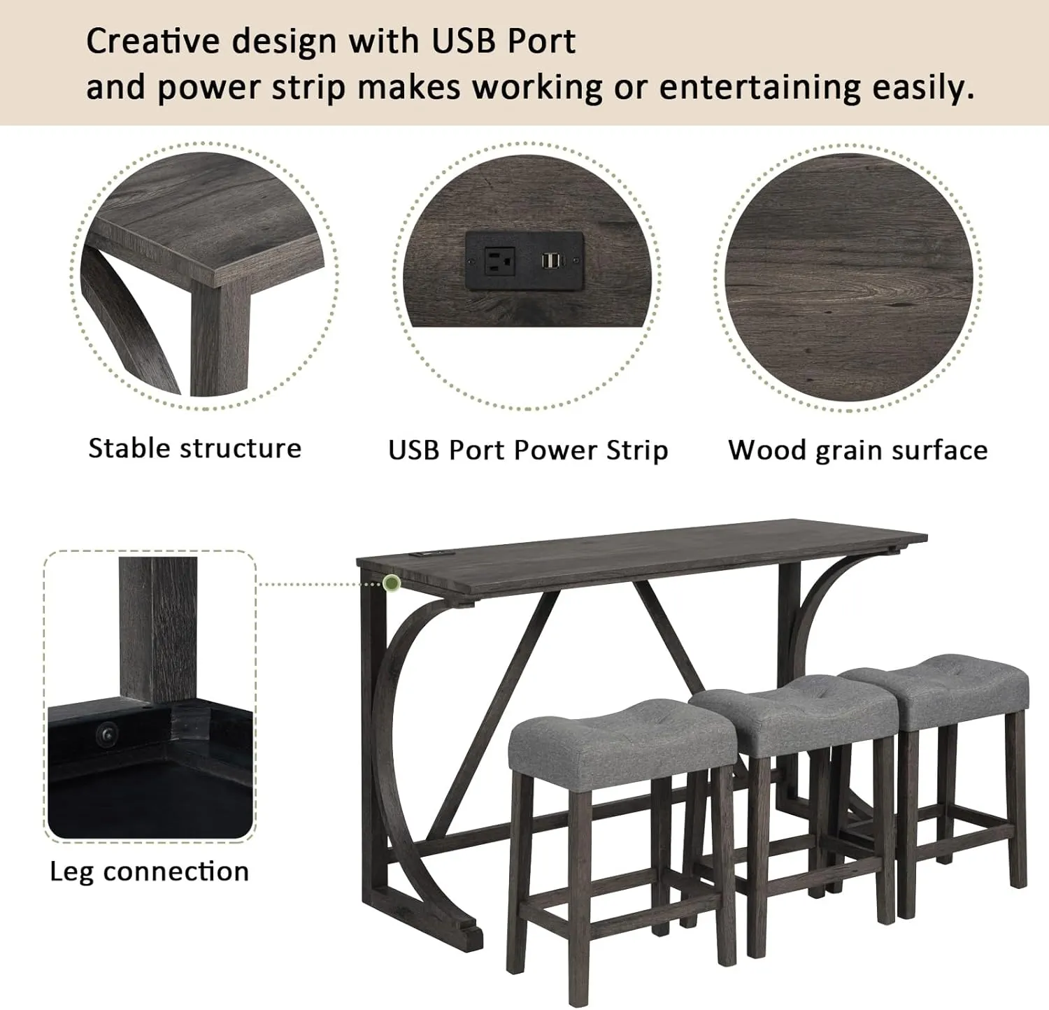 HMFULE 59'' Industrial 4 Piece Bar Table Set with Power Outlet Breakfast Table Behind Couch Table with 3 Padded Stools for Kitchen Living Room Dining Room, Dark Gray