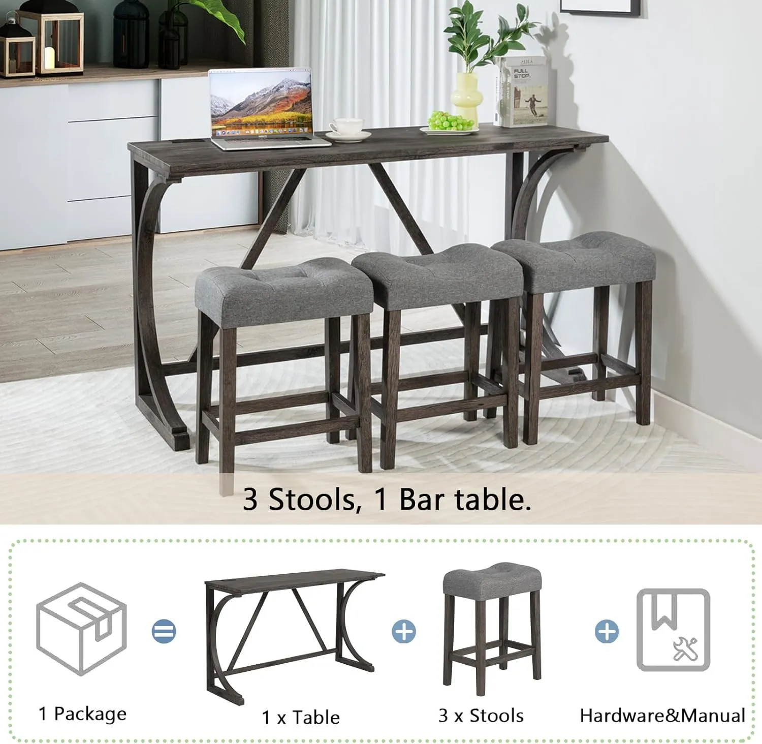 HMFULE 59'' Industrial 4 Piece Bar Table Set with Power Outlet Breakfast Table Behind Couch Table with 3 Padded Stools for Kitchen Living Room Dining Room, Dark Gray