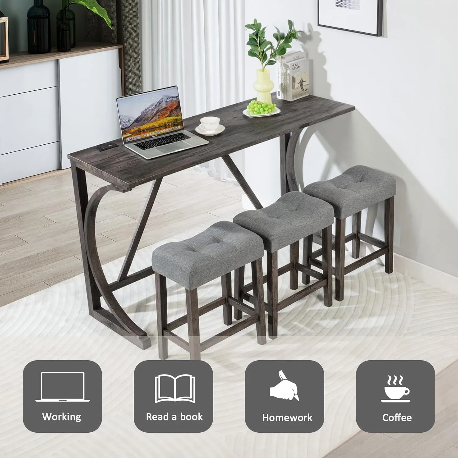 HMFULE 59'' Industrial 4 Piece Bar Table Set with Power Outlet Breakfast Table Behind Couch Table with 3 Padded Stools for Kitchen Living Room Dining Room, Dark Gray