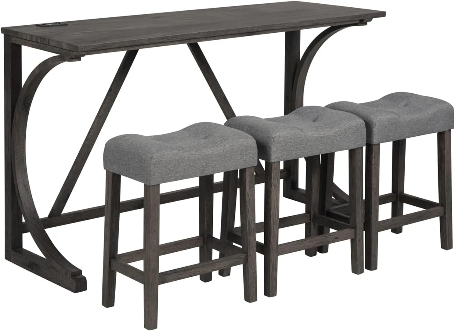 HMFULE 59'' Industrial 4 Piece Bar Table Set with Power Outlet Breakfast Table Behind Couch Table with 3 Padded Stools for Kitchen Living Room Dining Room, Dark Gray