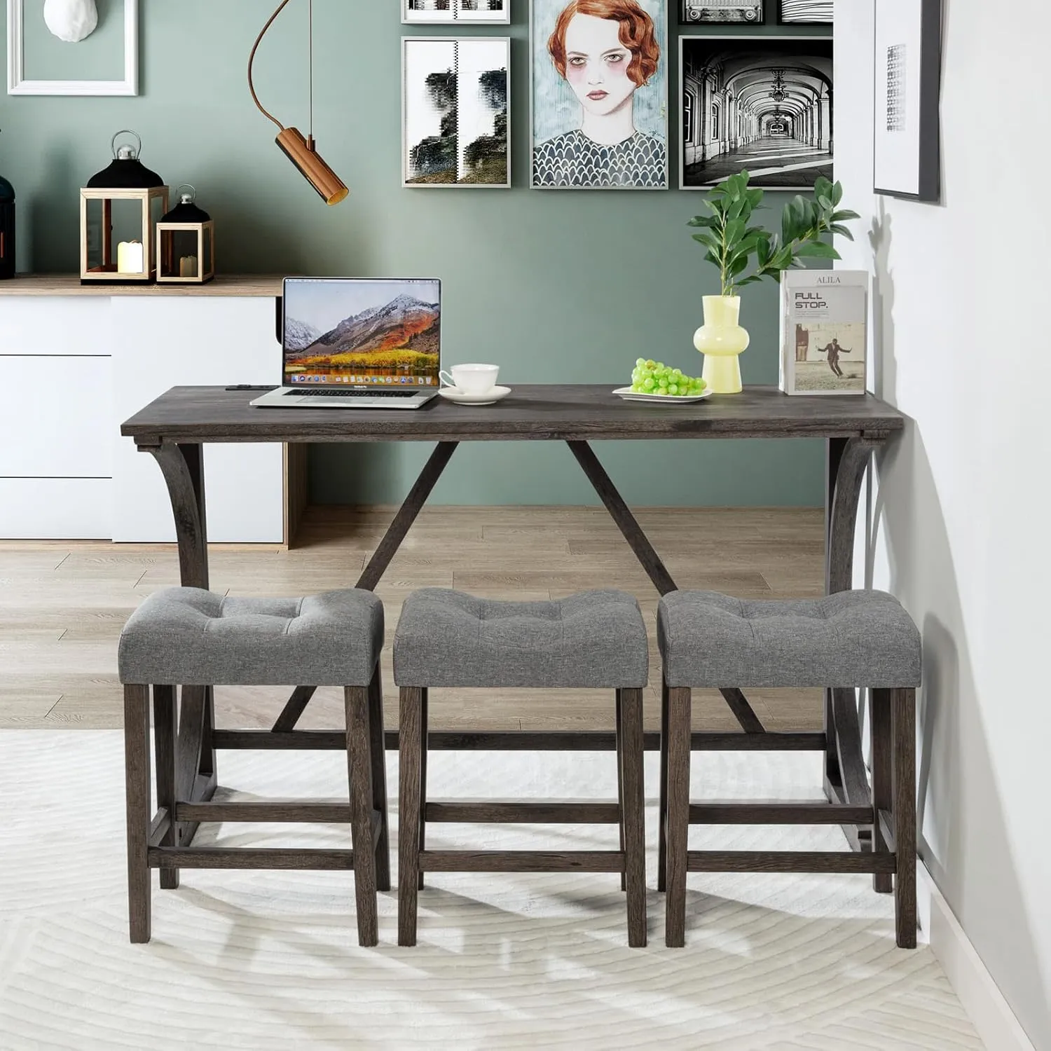 HMFULE 59'' Industrial 4 Piece Bar Table Set with Power Outlet Breakfast Table Behind Couch Table with 3 Padded Stools for Kitchen Living Room Dining Room, Dark Gray