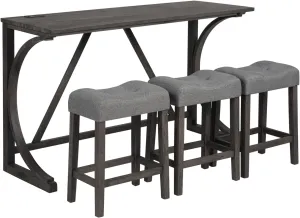 HMFULE 59'' Industrial 4 Piece Bar Table Set with Power Outlet Breakfast Table Behind Couch Table with 3 Padded Stools for Kitchen Living Room Dining Room, Dark Gray