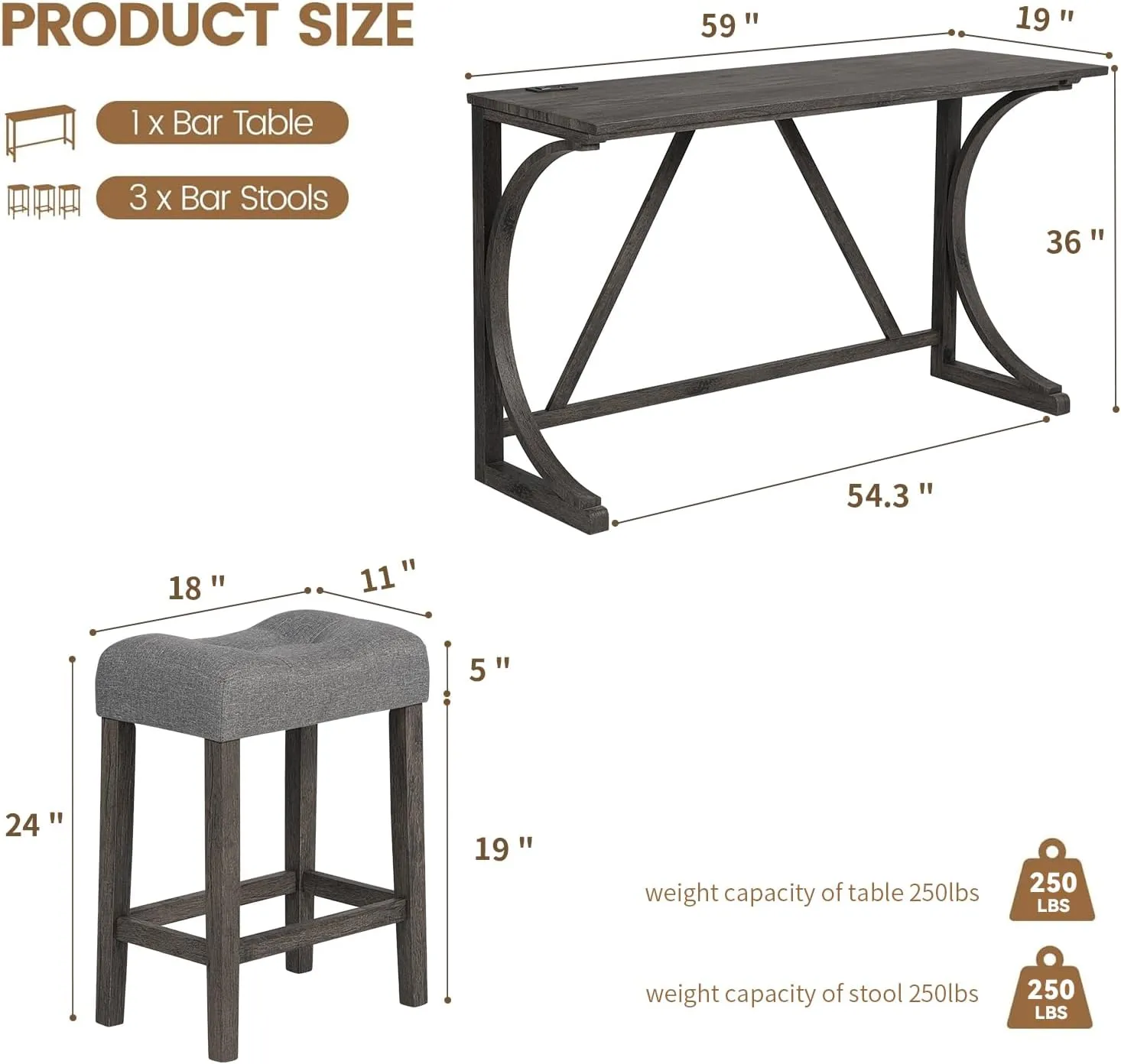 HMFULE 59'' Industrial 4 Piece Bar Table Set with Power Outlet Breakfast Table Behind Couch Table with 3 Padded Stools for Kitchen Living Room Dining Room, Dark Gray