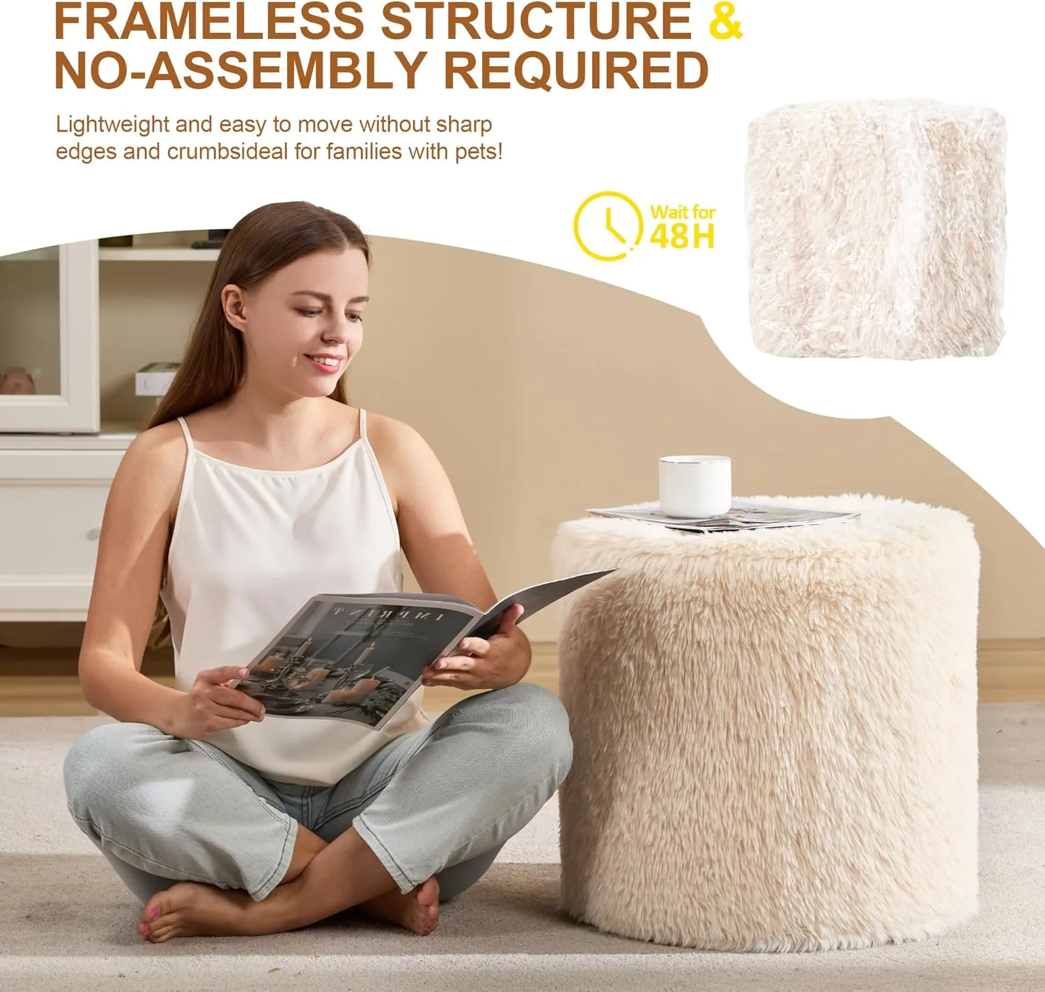 Hobestluk Bean Bag Chairs Ottoman for Adults Bean Bag Chair Footrest Foam Filled Ottoman of BeanBag Footstool of Lazy Sofa for Bedroom, Living Room, Apartment (Small, White)