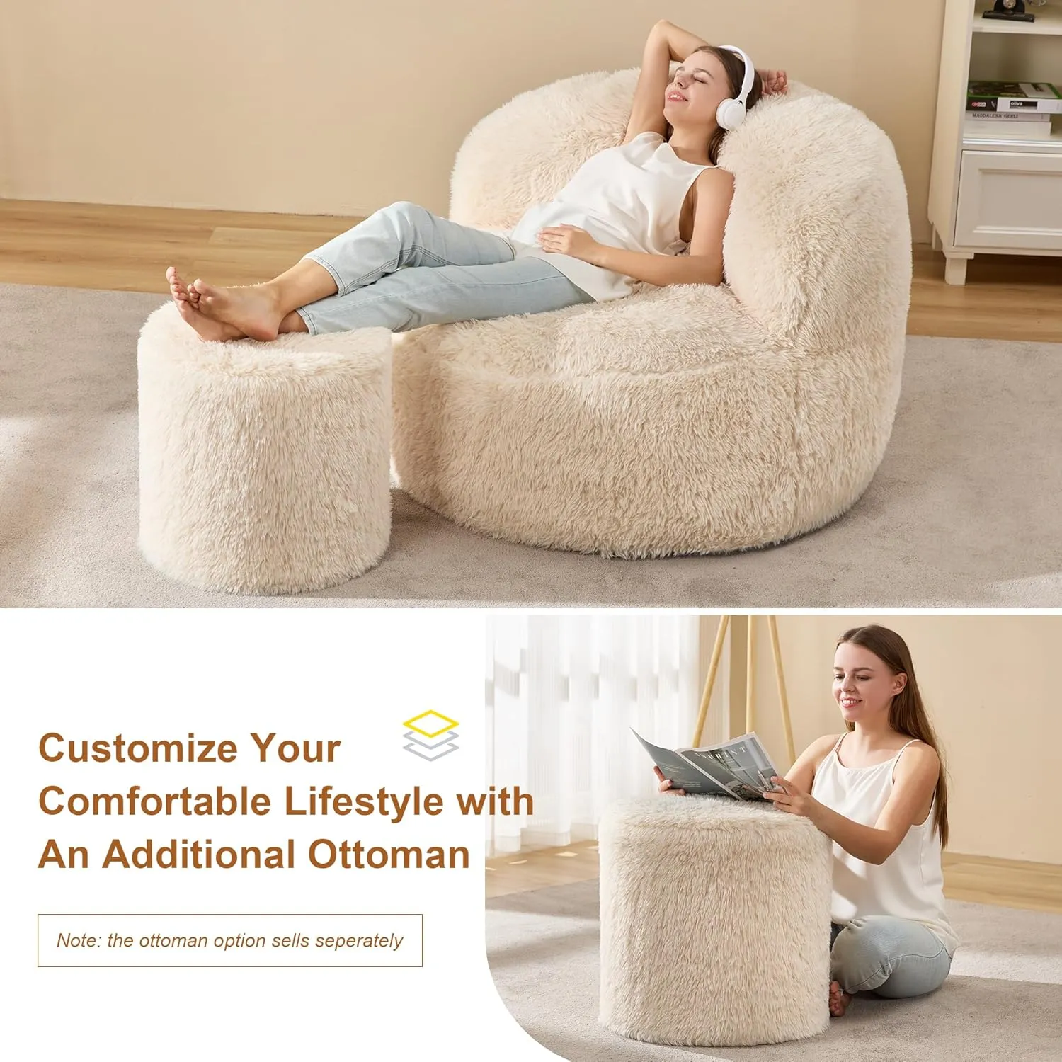 Hobestluk Bean Bag Chairs Ottoman for Adults Bean Bag Chair Footrest Foam Filled Ottoman of BeanBag Footstool of Lazy Sofa for Bedroom, Living Room, Apartment (Small, White)