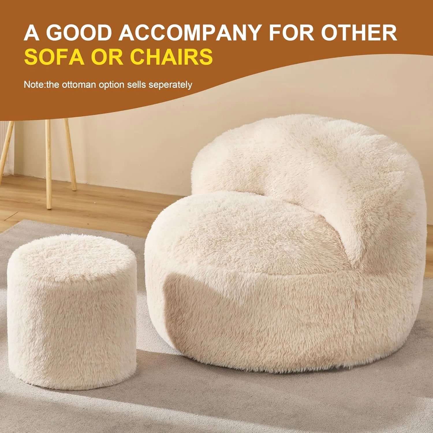 Hobestluk Bean Bag Chairs Ottoman for Adults Bean Bag Chair Footrest Foam Filled Ottoman of BeanBag Footstool of Lazy Sofa for Bedroom, Living Room, Apartment (Small, White)