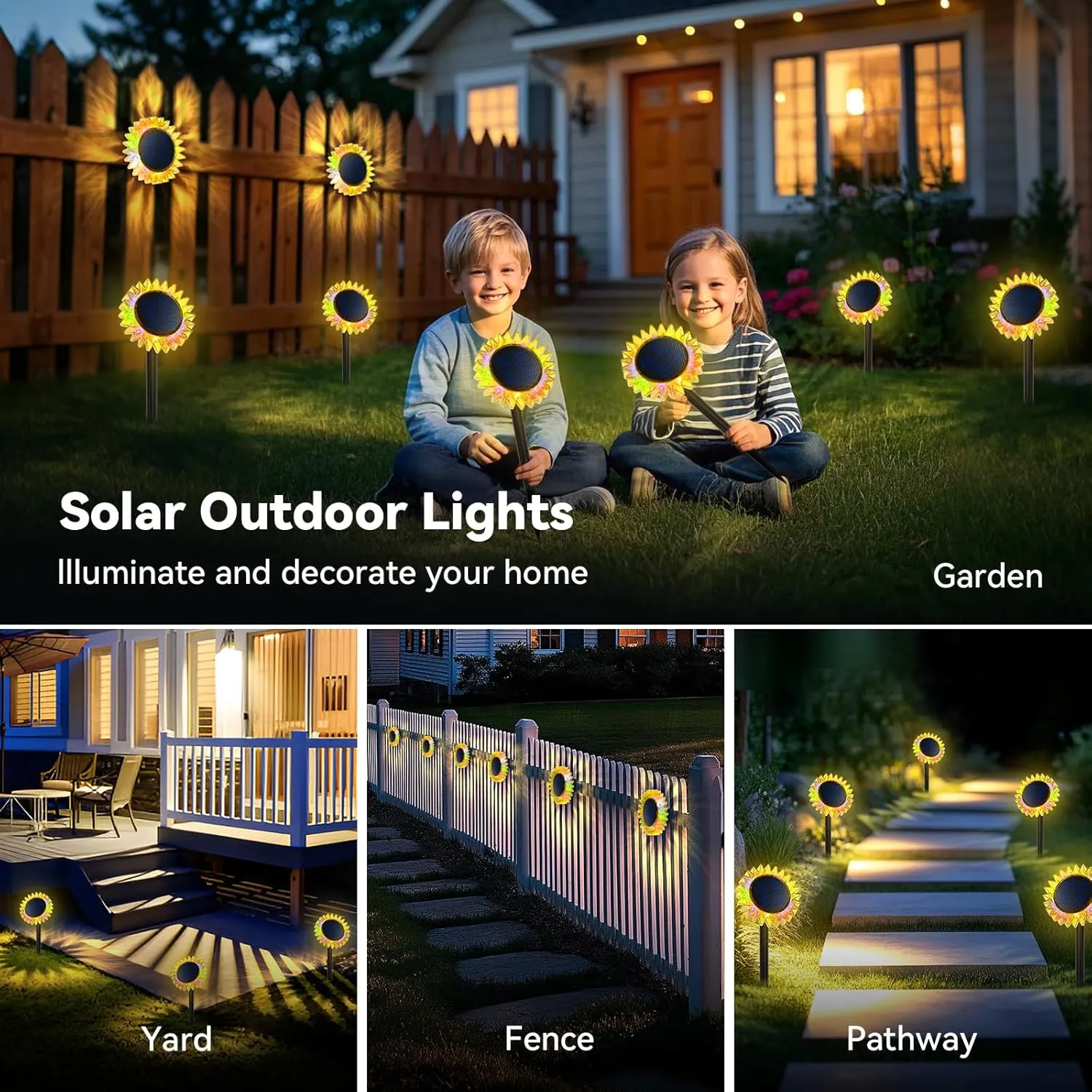 Hogni 6PK Solar Garden Lights, Ground Stake/Hang 2 in 1 Solar Sunflowers Outdoor Waterproof IP67, Outdoor Decor for Pathway Walkway Landscape Backyard Fence Decoration