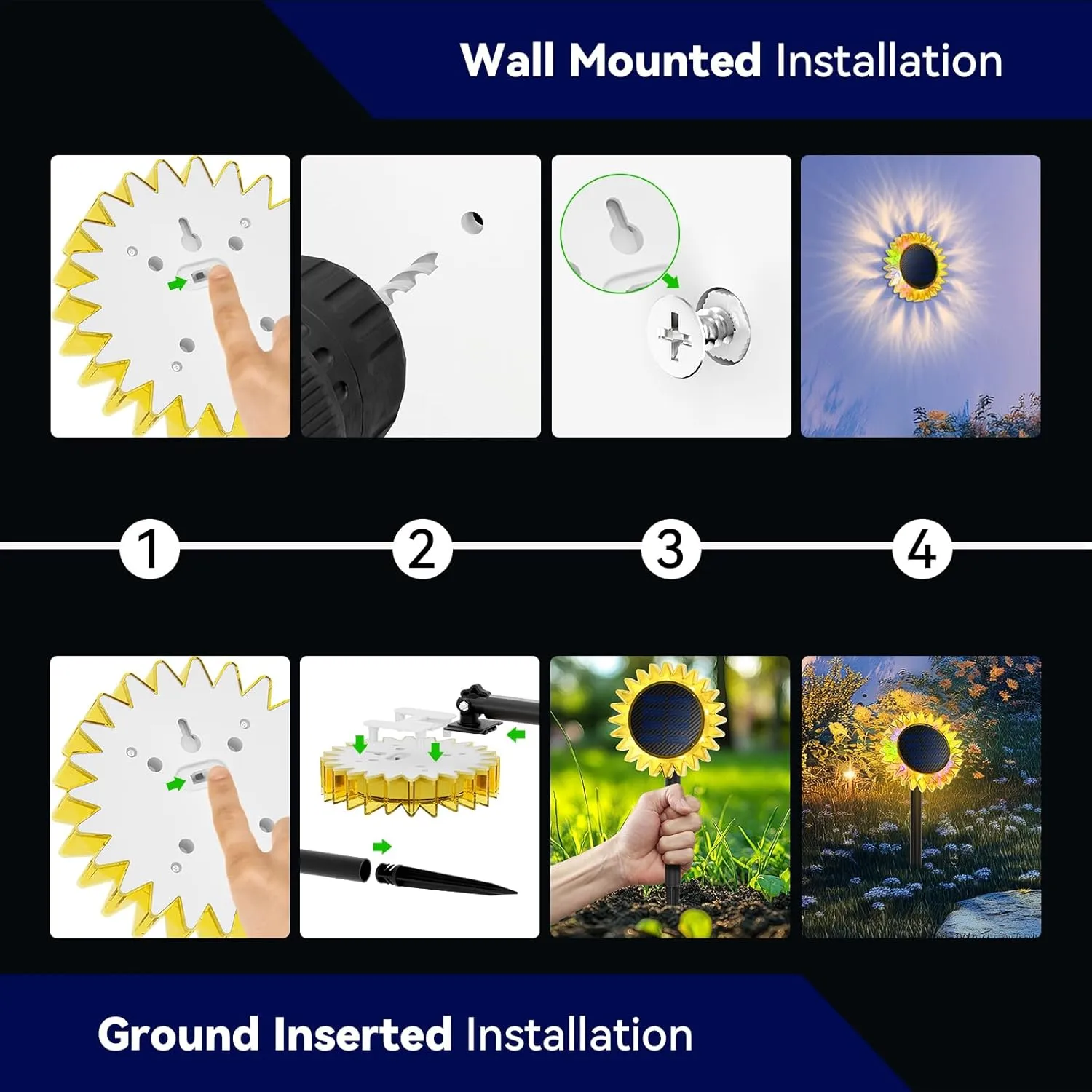 Hogni 6PK Solar Garden Lights, Ground Stake/Hang 2 in 1 Solar Sunflowers Outdoor Waterproof IP67, Outdoor Decor for Pathway Walkway Landscape Backyard Fence Decoration