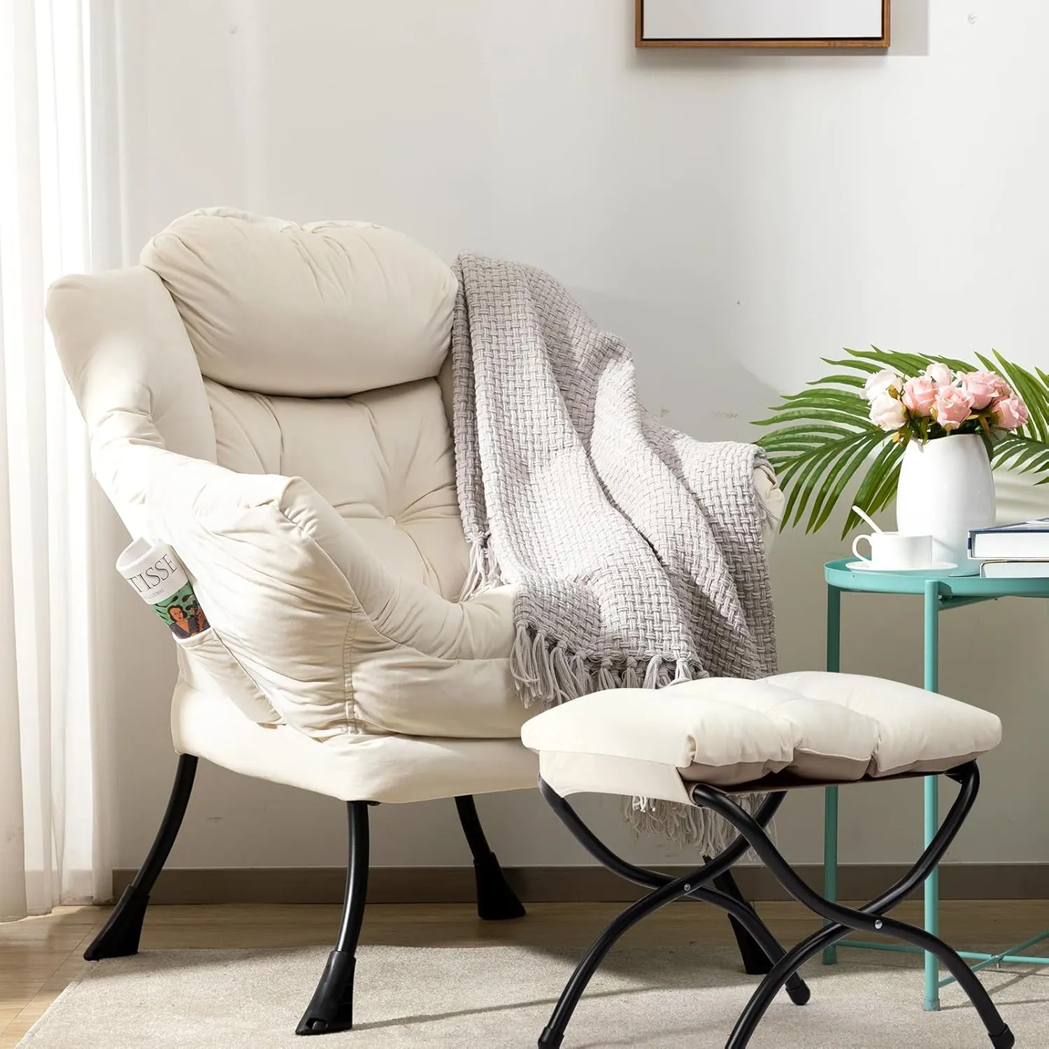 HollyHOME Fabric Lazy Chair with Foldable Ottoman, Accent Comfy Lounge Arm Chair and Folding Footrest Stool Set, Leisure Sofa Reading Chair and Footstool for Living Room, Bedroom, Dorm, Beige