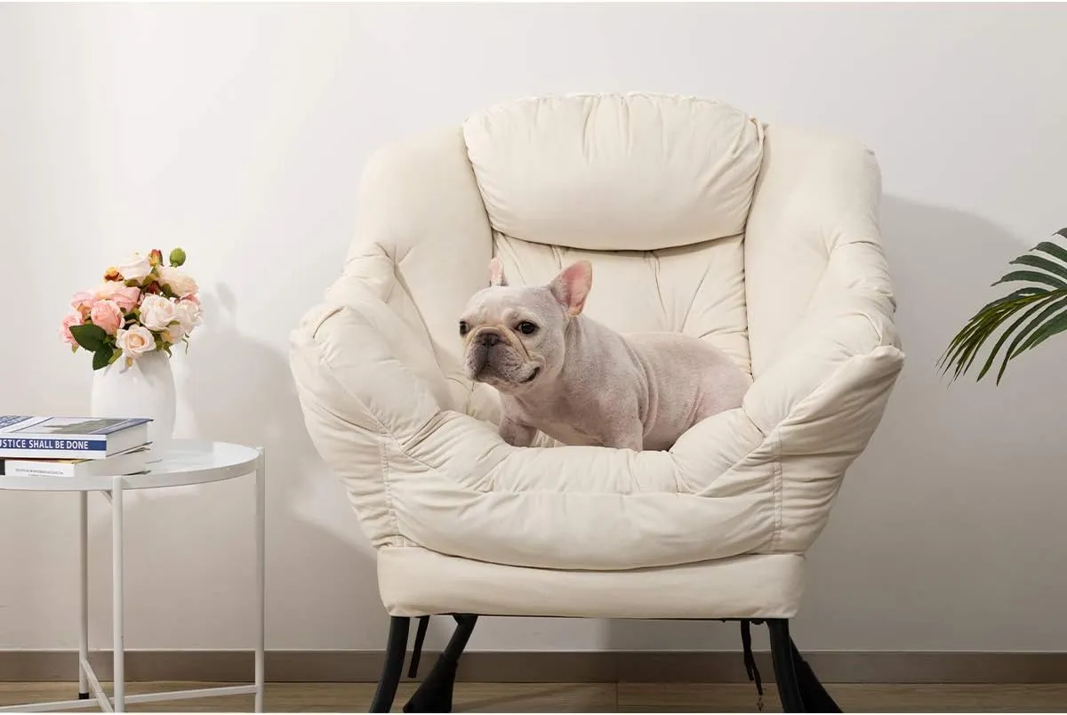 HollyHOME Fabric Lazy Chair with Foldable Ottoman, Accent Comfy Lounge Arm Chair and Folding Footrest Stool Set, Leisure Sofa Reading Chair and Footstool for Living Room, Bedroom, Dorm, Beige