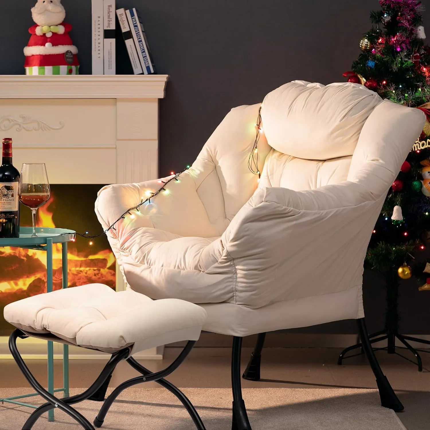 HollyHOME Fabric Lazy Chair with Foldable Ottoman, Accent Comfy Lounge Arm Chair and Folding Footrest Stool Set, Leisure Sofa Reading Chair and Footstool for Living Room, Bedroom, Dorm, Beige