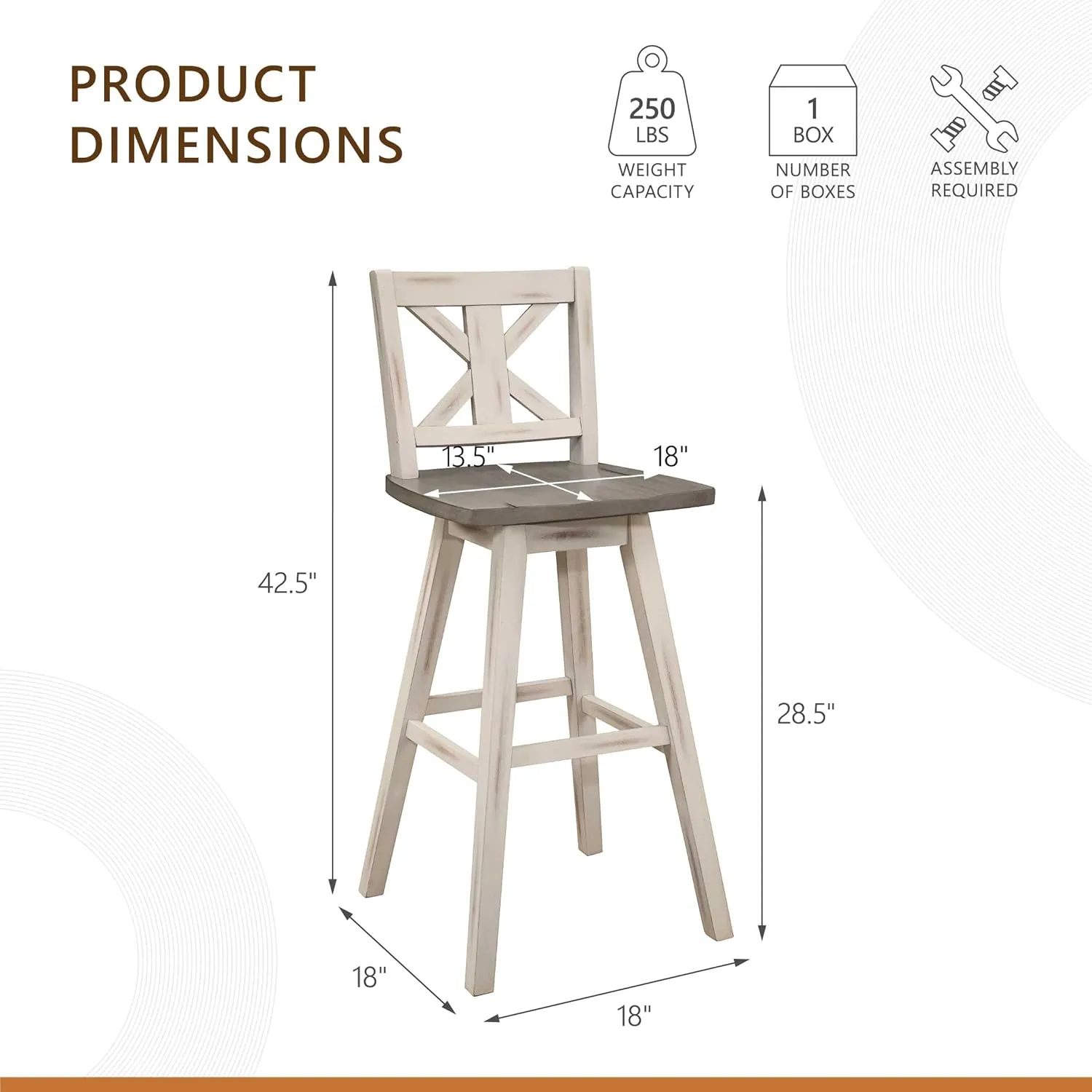 Homelegance Solid Wood High Back Swivel Pub Height Bar Stools Set of 2, Kitchen Stools Pub Height, Foot Rest, X Back, Tall Wooden Armless Dining Chairs for Kitchen Island, Farmhouse, Rustic, White