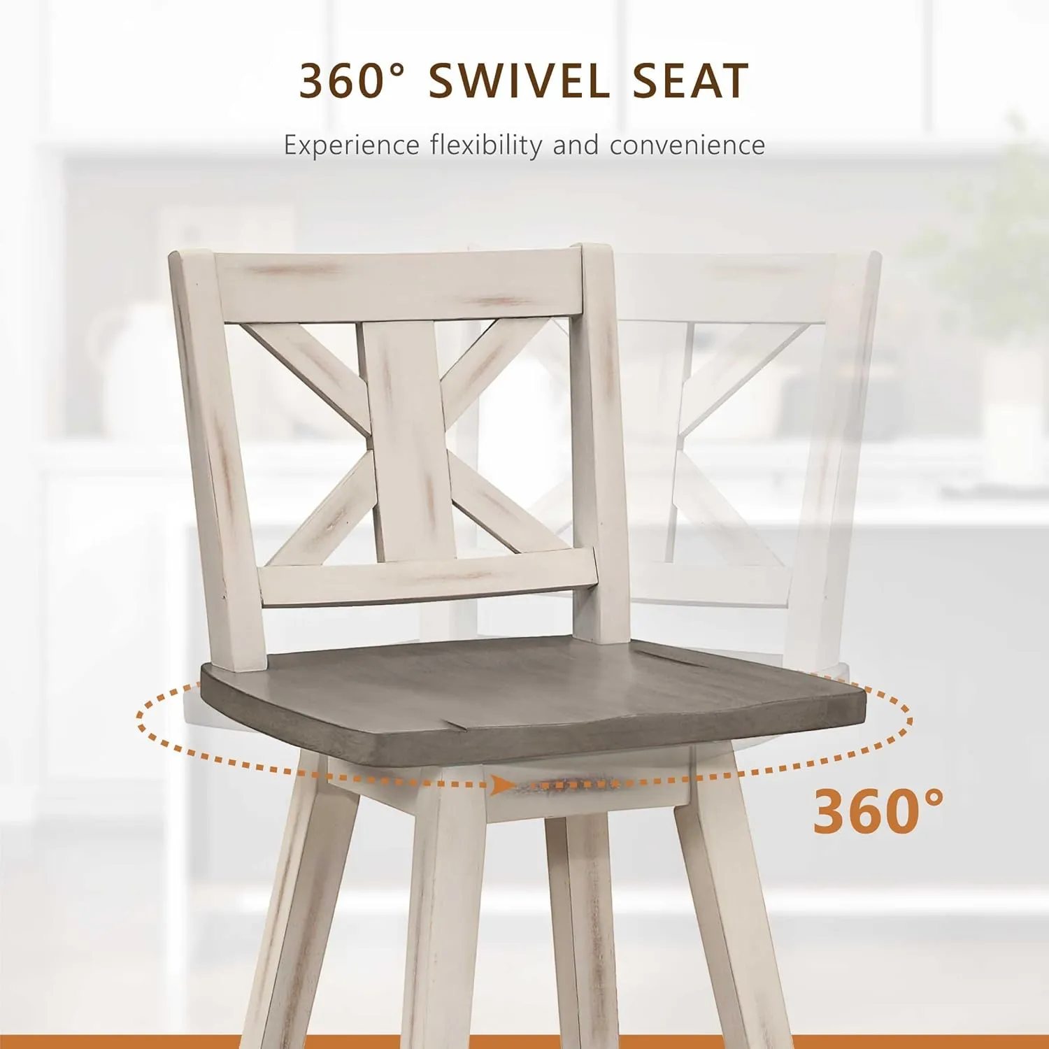 Homelegance Solid Wood High Back Swivel Pub Height Bar Stools Set of 2, Kitchen Stools Pub Height, Foot Rest, X Back, Tall Wooden Armless Dining Chairs for Kitchen Island, Farmhouse, Rustic, White