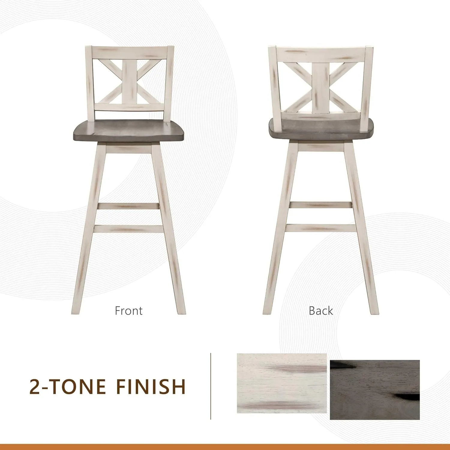 Homelegance Solid Wood High Back Swivel Pub Height Bar Stools Set of 2, Kitchen Stools Pub Height, Foot Rest, X Back, Tall Wooden Armless Dining Chairs for Kitchen Island, Farmhouse, Rustic, White