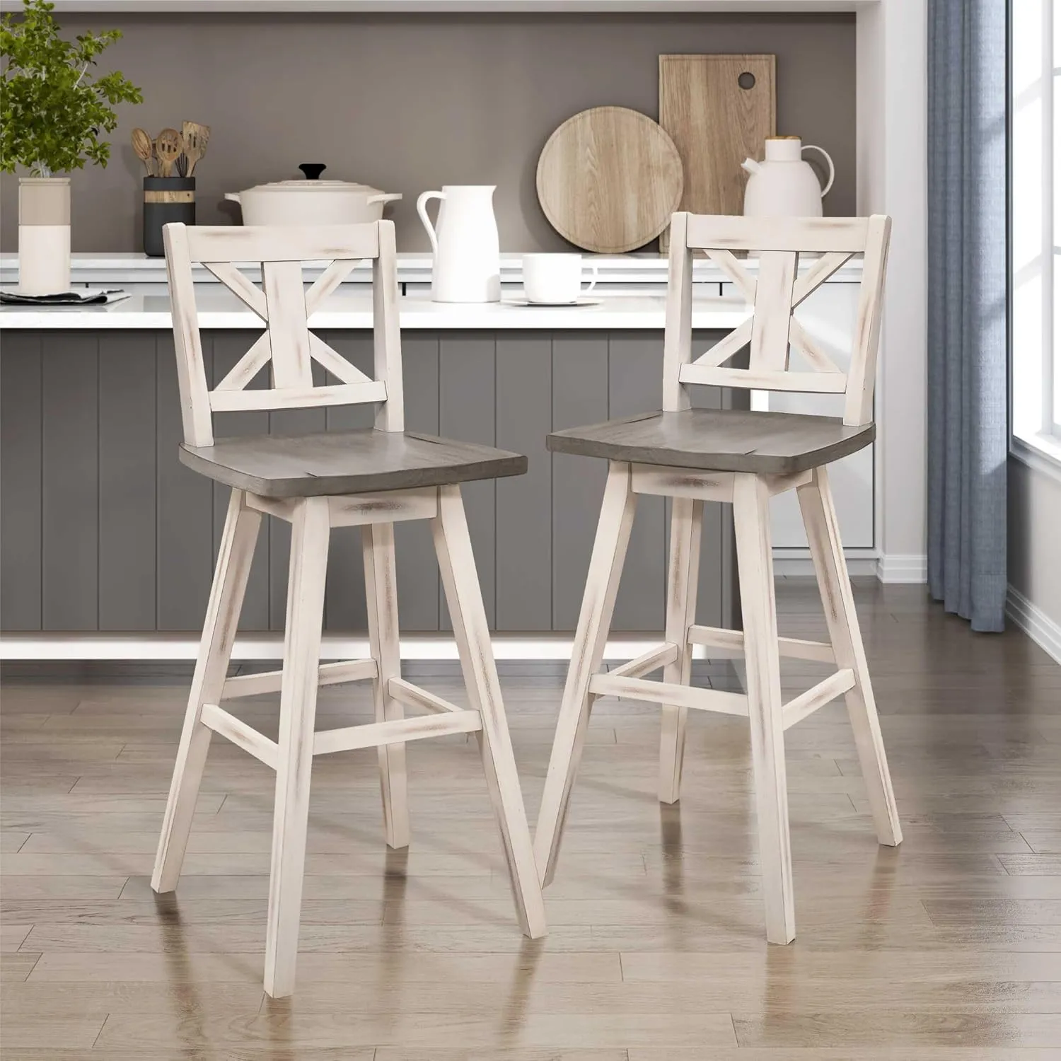 Homelegance Solid Wood High Back Swivel Pub Height Bar Stools Set of 2, Kitchen Stools Pub Height, Foot Rest, X Back, Tall Wooden Armless Dining Chairs for Kitchen Island, Farmhouse, Rustic, White