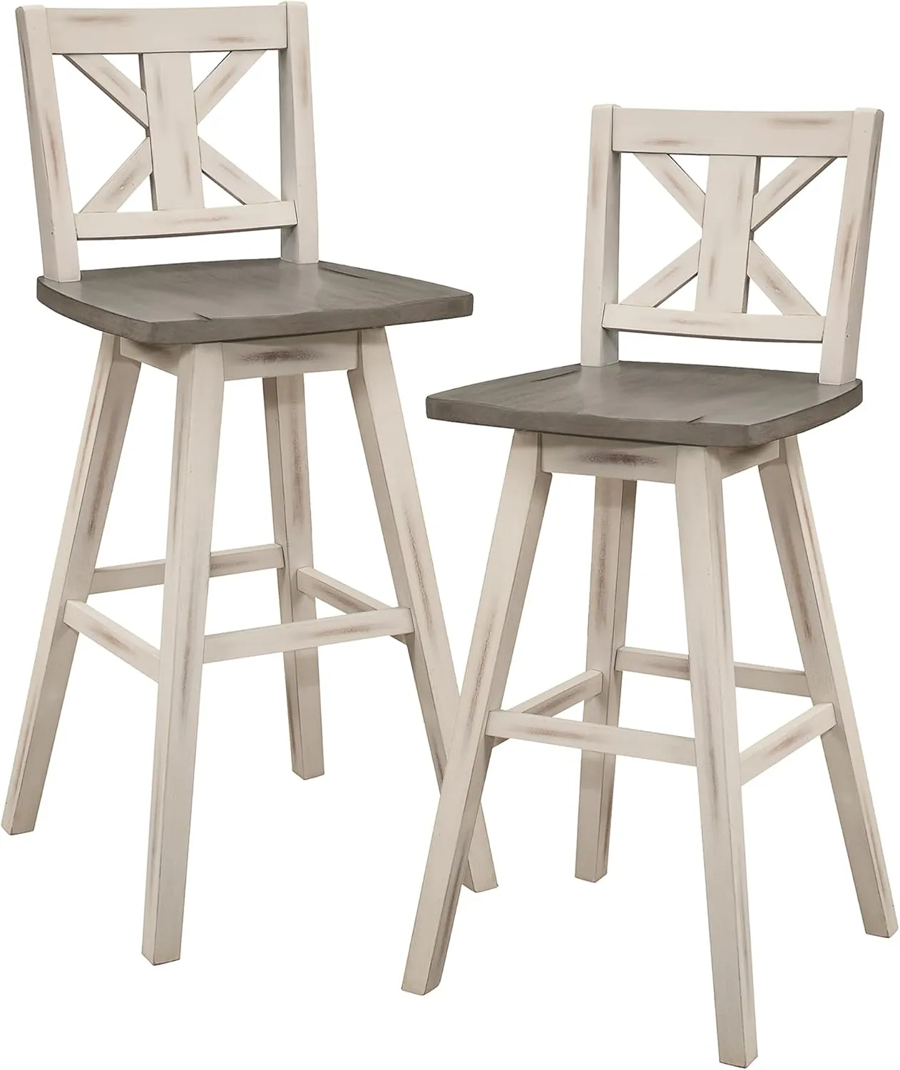 Homelegance Solid Wood High Back Swivel Pub Height Bar Stools Set of 2, Kitchen Stools Pub Height, Foot Rest, X Back, Tall Wooden Armless Dining Chairs for Kitchen Island, Farmhouse, Rustic, White