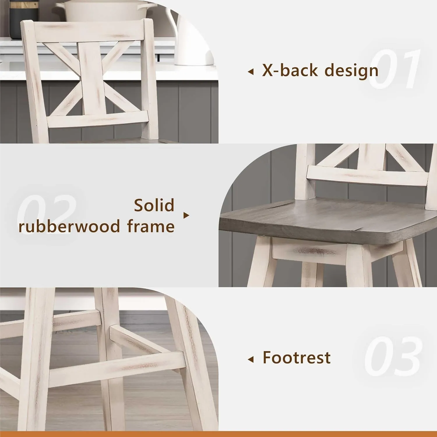 Homelegance Solid Wood High Back Swivel Pub Height Bar Stools Set of 2, Kitchen Stools Pub Height, Foot Rest, X Back, Tall Wooden Armless Dining Chairs for Kitchen Island, Farmhouse, Rustic, White