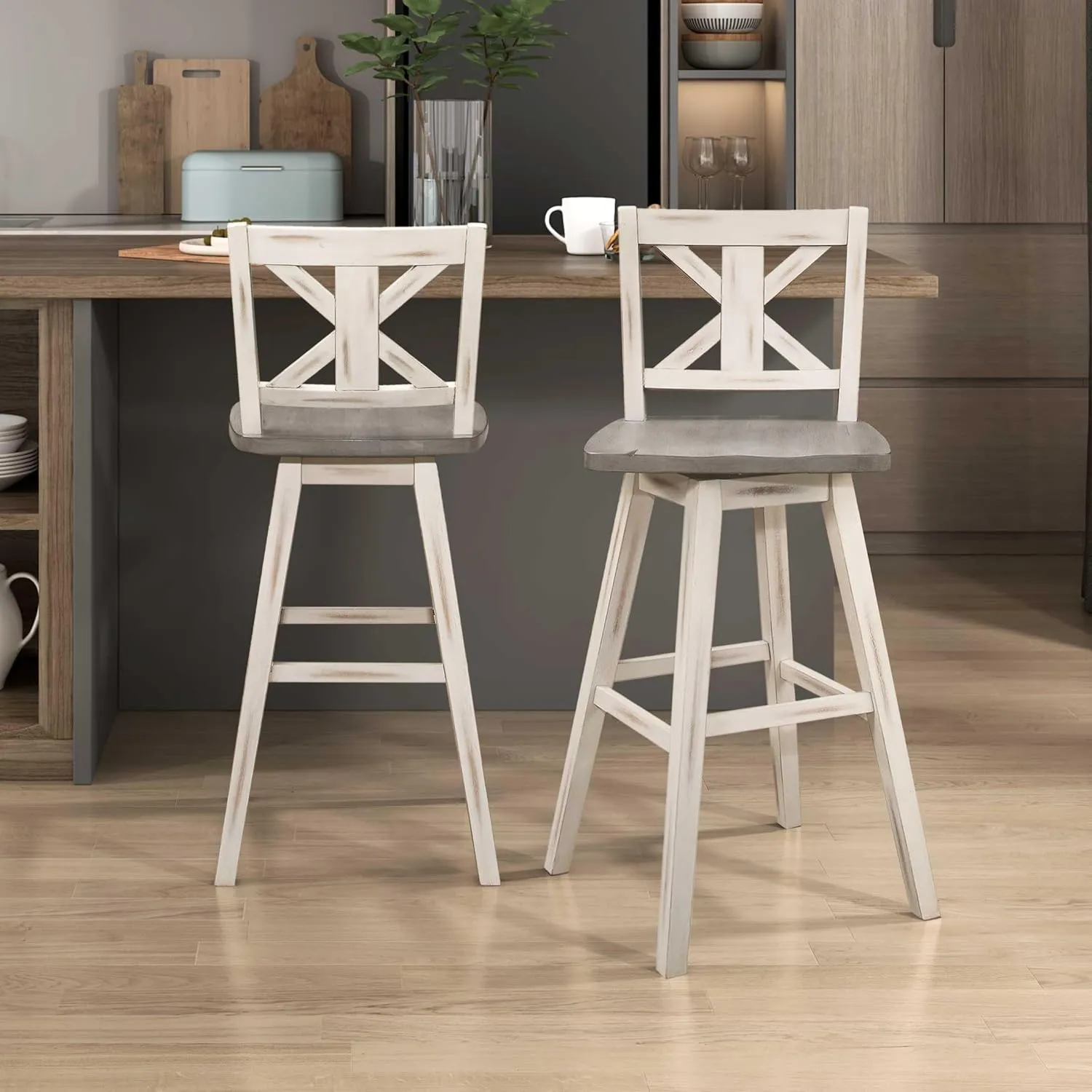 Homelegance Solid Wood High Back Swivel Pub Height Bar Stools Set of 2, Kitchen Stools Pub Height, Foot Rest, X Back, Tall Wooden Armless Dining Chairs for Kitchen Island, Farmhouse, Rustic, White