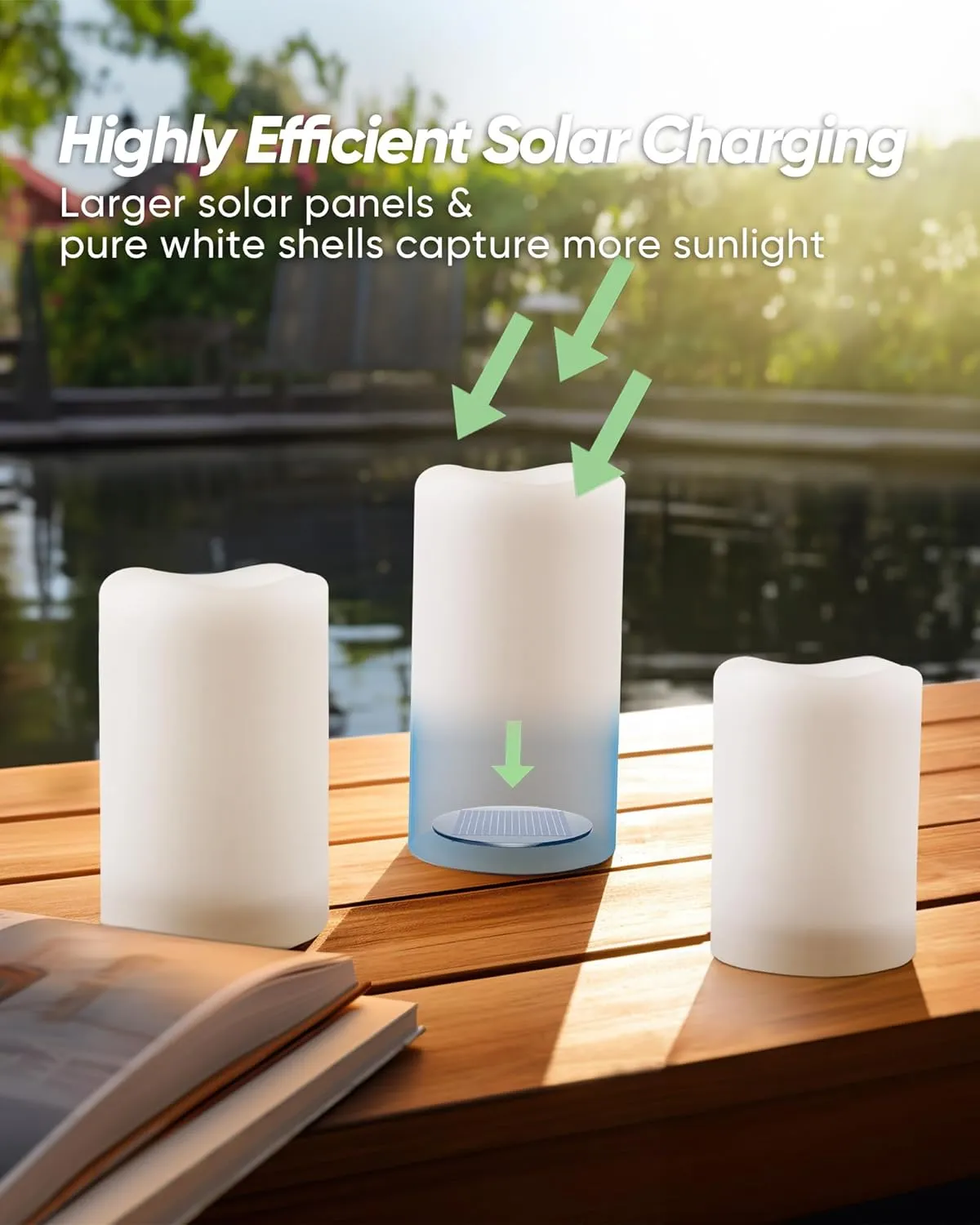 Homemory Solar Powered Candles Outdoor Waterproof, Flickering Glow, Rechargeable Candles, Solar Powered Candles for Outside, Lanterns, Sensor Only, Dusk to Dawn, Set of 3