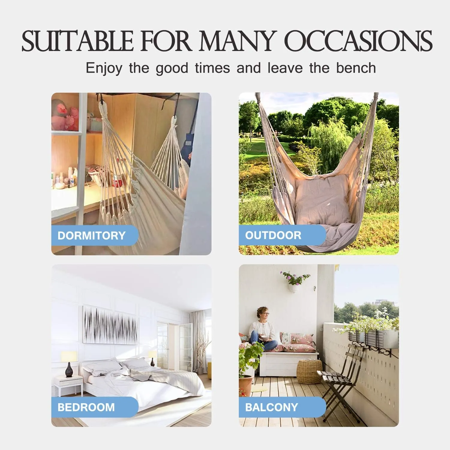 Hommtina Hammock Chair Hanging Rope Swing, Max 300 Lbs Hanging Chair with Pocket & Durability Perfect for Outdoor, Home, Bedroom, Patio, Yard (Pillows NOT Included,Beige)