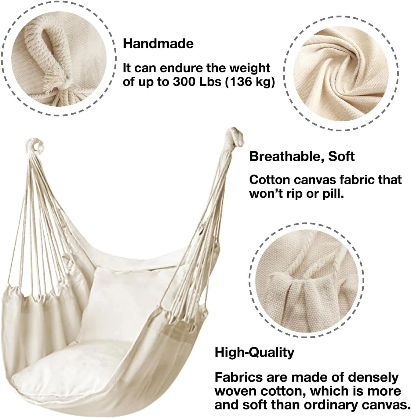 Hommtina Hammock Chair Hanging Rope Swing, Max 300 Lbs Hanging Chair with Pocket & Durability Perfect for Outdoor, Home, Bedroom, Patio, Yard (Pillows NOT Included,Beige)