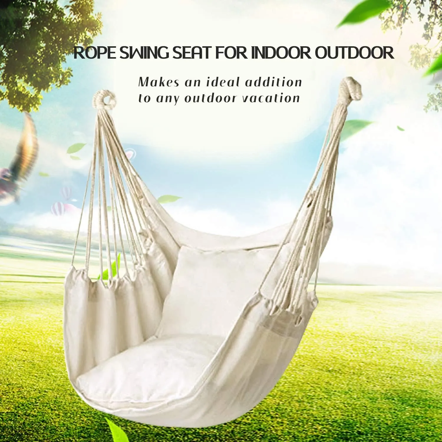 Hommtina Hammock Chair Hanging Rope Swing, Max 300 Lbs Hanging Chair with Pocket & Durability Perfect for Outdoor, Home, Bedroom, Patio, Yard (Pillows NOT Included,Beige)