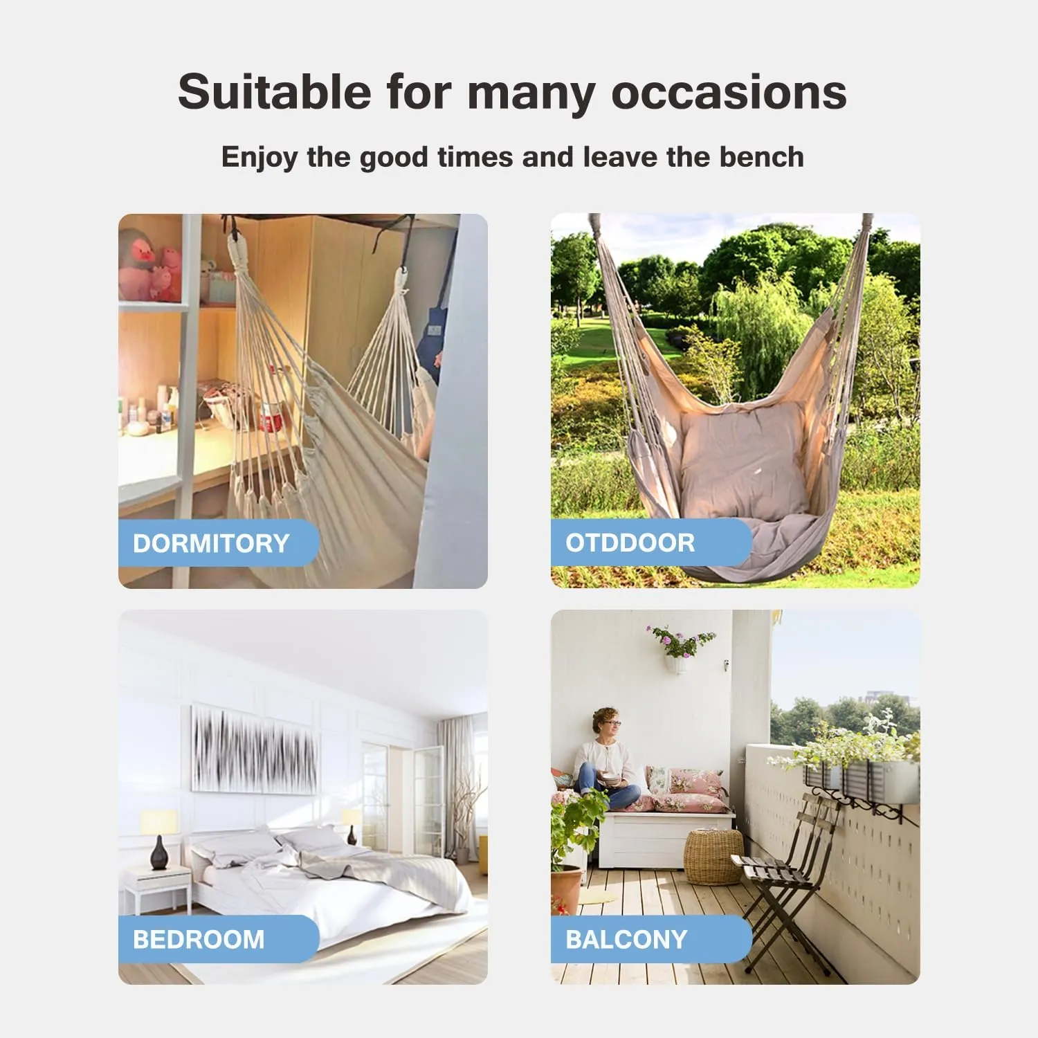 Hommtina Hammock Chair Hanging Rope Swing, Max 300 Lbs Hanging Chair with Pocket & Durability Perfect for Outdoor, Home, Bedroom, Patio, Yard (Pillows NOT Included,Light Grey)