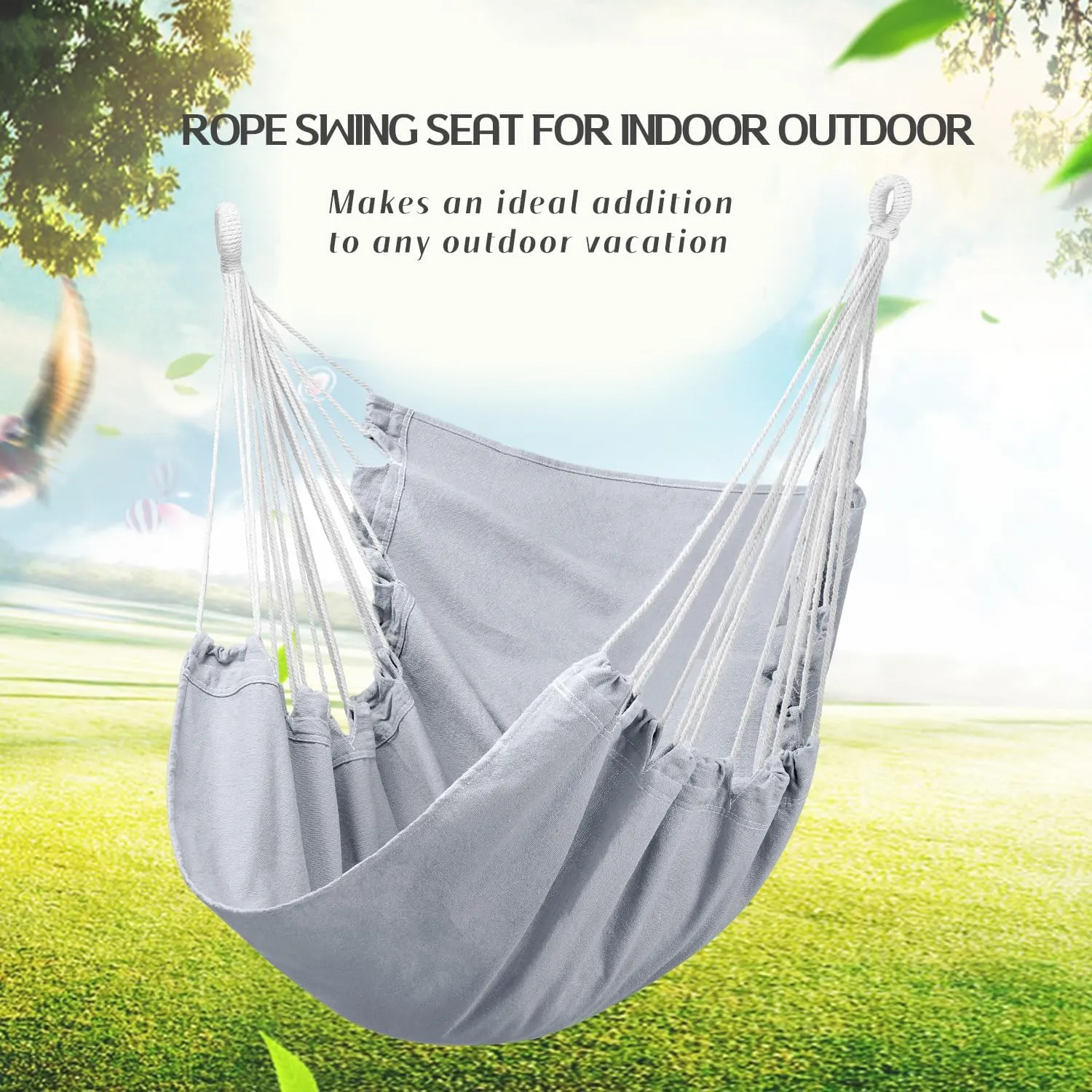 Hommtina Hammock Chair Hanging Rope Swing, Max 300 Lbs Hanging Chair with Pocket & Durability Perfect for Outdoor, Home, Bedroom, Patio, Yard (Pillows NOT Included,Light Grey)