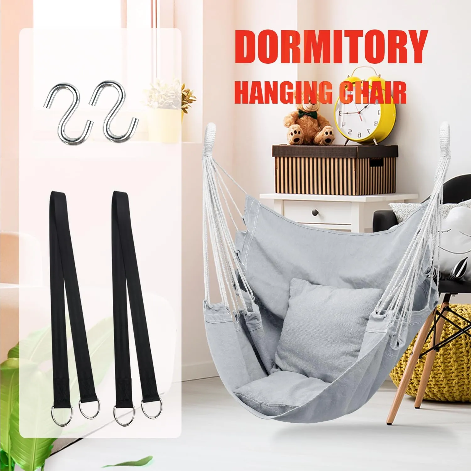 Hommtina Hammock Chair Hanging Rope Swing, Max 300 Lbs Hanging Chair with Pocket & Durability Perfect for Outdoor, Home, Bedroom, Patio, Yard (Pillows NOT Included,Light Grey)