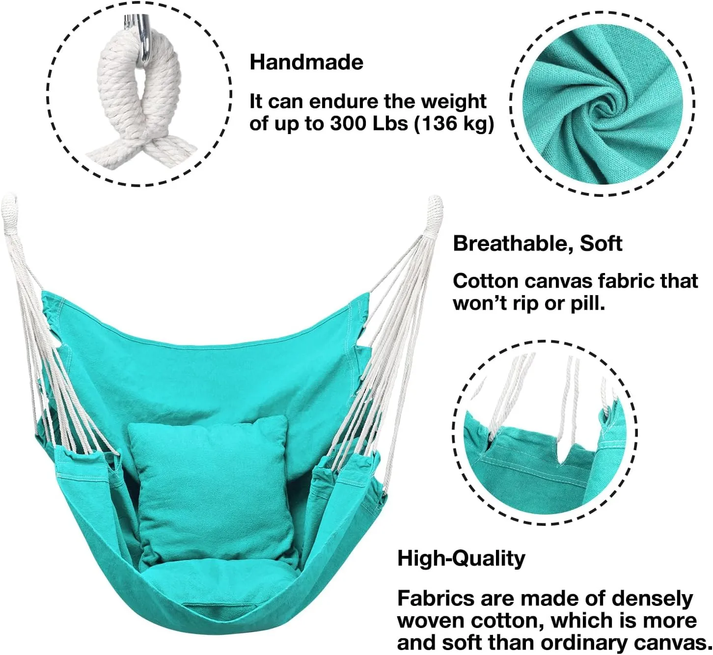 Hommtina Hammock Chair Hanging Rope Swing, Max 300 Lbs Hanging Chair with Pocket & Durability Perfect for Outdoor, Home, Bedroom, Patio, Yard (Pillows NOT Included,Pea Green)