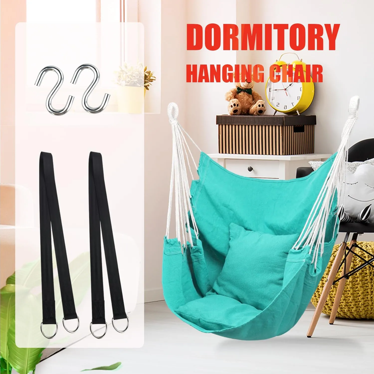 Hommtina Hammock Chair Hanging Rope Swing, Max 300 Lbs Hanging Chair with Pocket & Durability Perfect for Outdoor, Home, Bedroom, Patio, Yard (Pillows NOT Included,Pea Green)