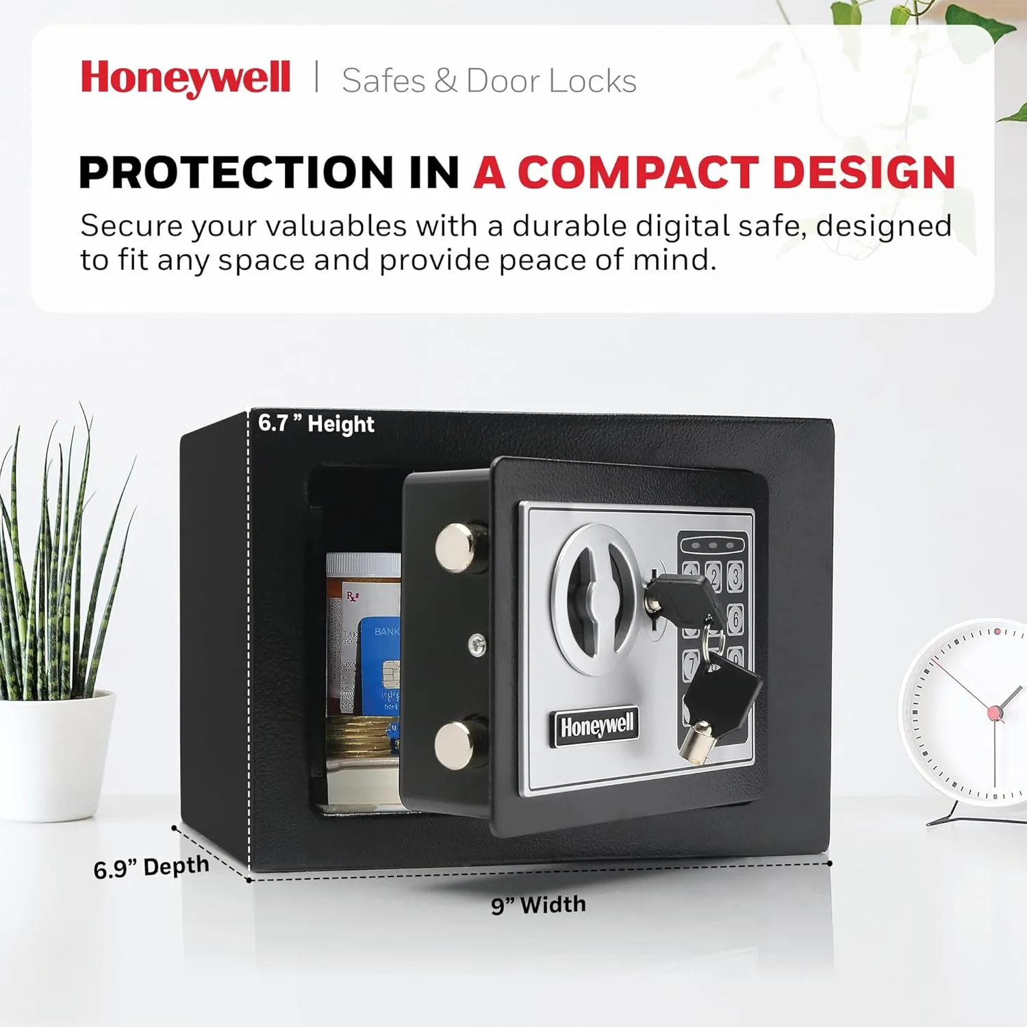Honeywell Safes & Door Locks - Bolt Down Small Safe Box with Digital Lock for Home - Steel Security Electronic Lock Box - Cabinet & Door Design Safe with 2 Keys - 0.17-Cubic Feet - Black - 5005
