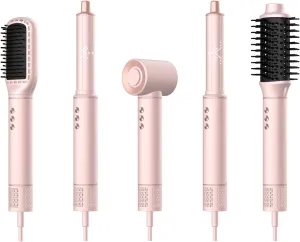 Hot Air Styler, Professional Hair Dryer Blow Dryer Brush with 110,000 RPM High Speed Negative Ionic, Auto Wrap Curlers, Hair Styler for Fast Drying Curling Straightening Volumizing 5 in 1 Pink