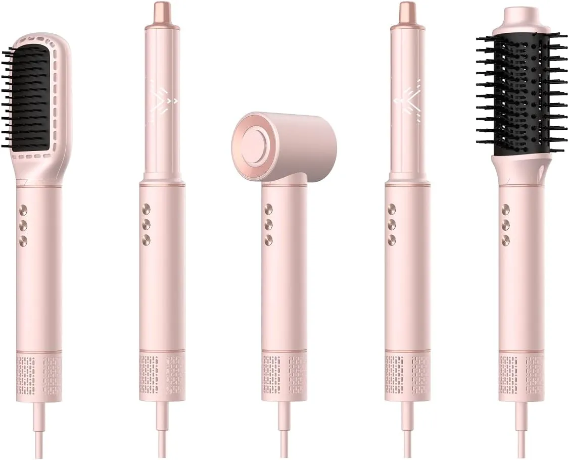 Hot Air Styler, Professional Hair Dryer Blow Dryer Brush with 110,000 RPM High Speed Negative Ionic, Auto Wrap Curlers, Hair Styler for Fast Drying Curling Straightening Volumizing 5 in 1 Pink