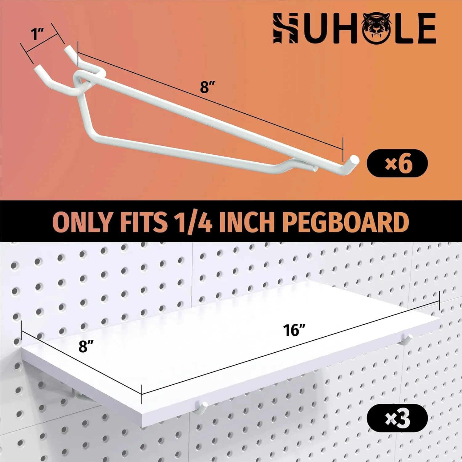 HUHOLE White Pegboard Shelf 3 Pack, Only Fits 1/4 Pegboard, Heavy Duty Peg Board Shelving for Organization, Wooden Pegboard Shelves for Garage, Pegboard Accessories for Crafts Room, Office