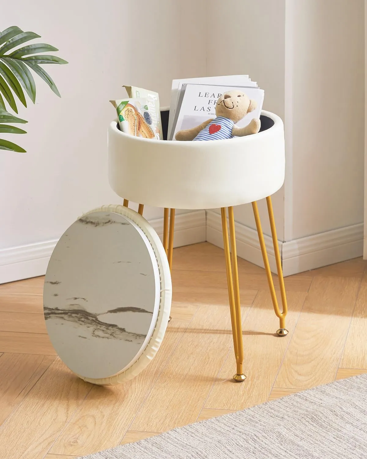 IBUYKE Faux Leather Round Footrest Stool with Storage Ottoman, Makeup Vanity Chair Side Table, PU Dressing Table Seat, Removable Cover, Golden Steel Legs, White WBD024W