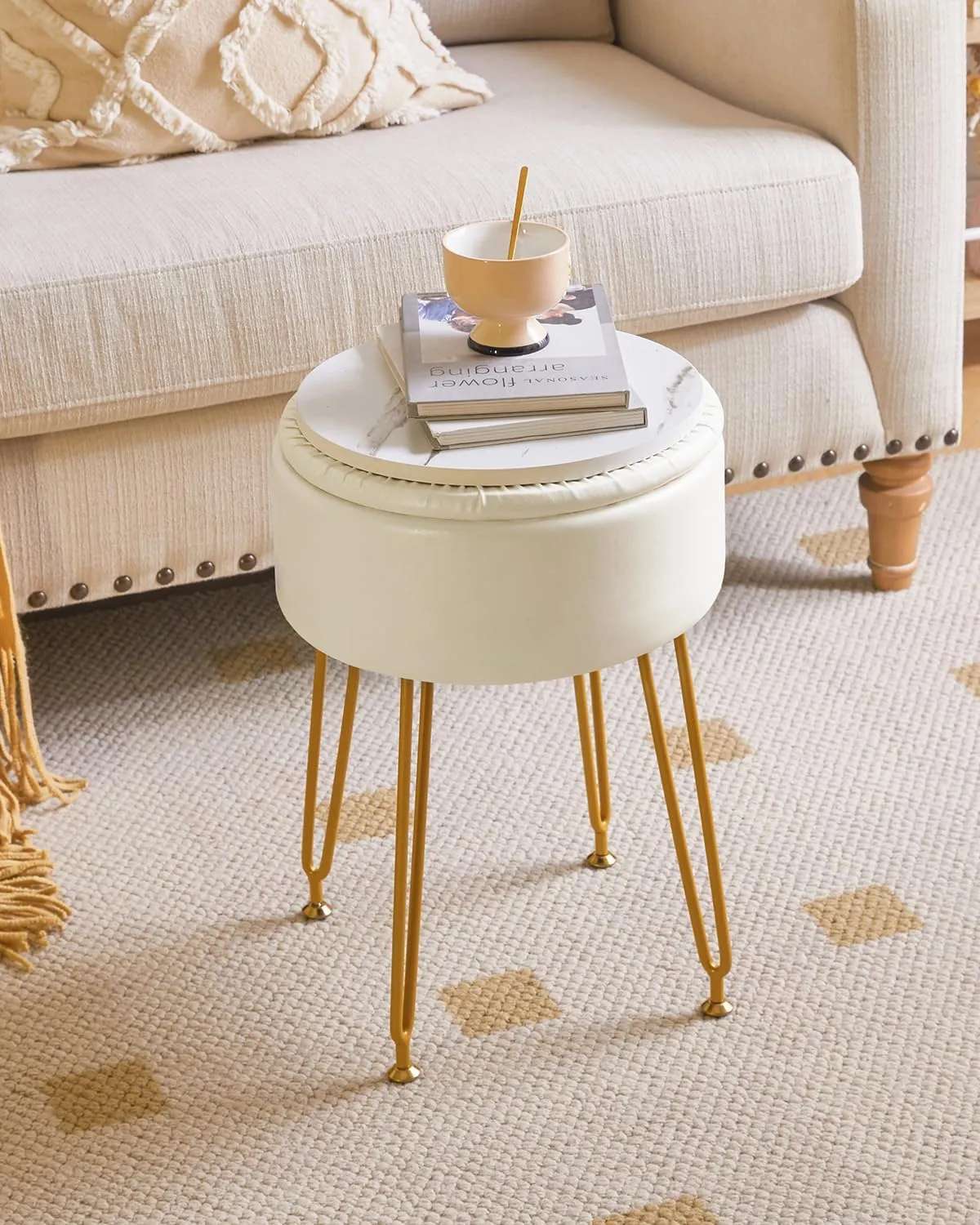 IBUYKE Faux Leather Round Footrest Stool with Storage Ottoman, Makeup Vanity Chair Side Table, PU Dressing Table Seat, Removable Cover, Golden Steel Legs, White WBD024W