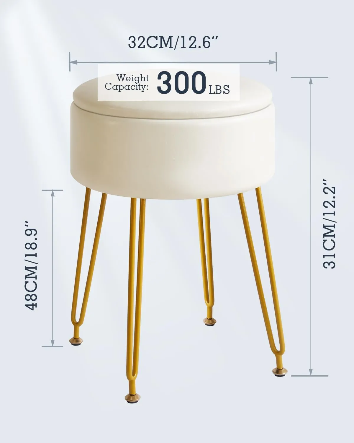 IBUYKE Faux Leather Round Footrest Stool with Storage Ottoman, Makeup Vanity Chair Side Table, PU Dressing Table Seat, Removable Cover, Golden Steel Legs, White WBD024W